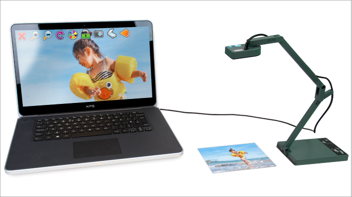 The IPEVO V4K Camera plugged into a laptop with a magnified image on the screen.